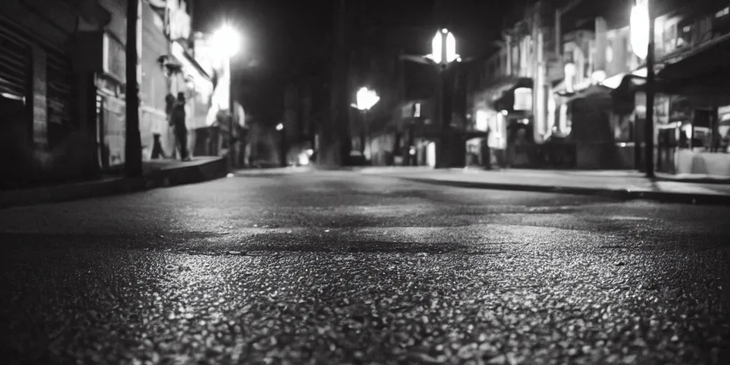 Prompt: low angle camera shot of a street by night, moody cinematography of roger deakins, shot on film, grain, hyper realistic ,