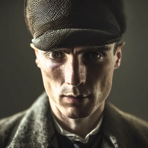 Image similar to thomas shelby wearing dark armor, portrait shot, cinematic, sharp focus, extreme detail, lighting, epic