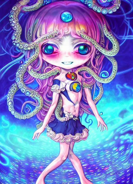 Prompt: A full shot of a chibi girl from the Abyss covered in opal. Symmetrical. Underwater. Dark foreboding Atmosphere. Sailor Moon. Tentacles. Kawaii. Rainbows. By Lisa Frank and HR Giger and Ross Tran. Key Art. Fantasy Illustration. award winning, Artstation, intricate details, realistic, Hyperdetailed, 8k resolution. Photoreal. Octane Render.