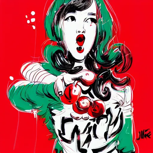 Image similar to a perfect red cherry fruit by jim mahfood, 7 0 s style popart, trending on artstation