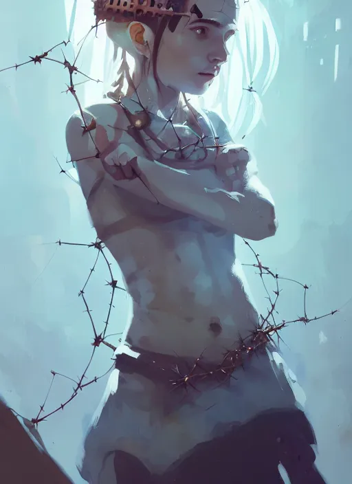 Image similar to portrait of cute maiden girl with crown of thorns, warhammer, cyberpunk, by atey ghailan, by greg rutkowski, by greg tocchini, by james gilleard, by joe fenton, by kaethe butcher, dynamic lighting, gradient light blue, brown, blonde cream and white color in scheme, grunge aesthetic