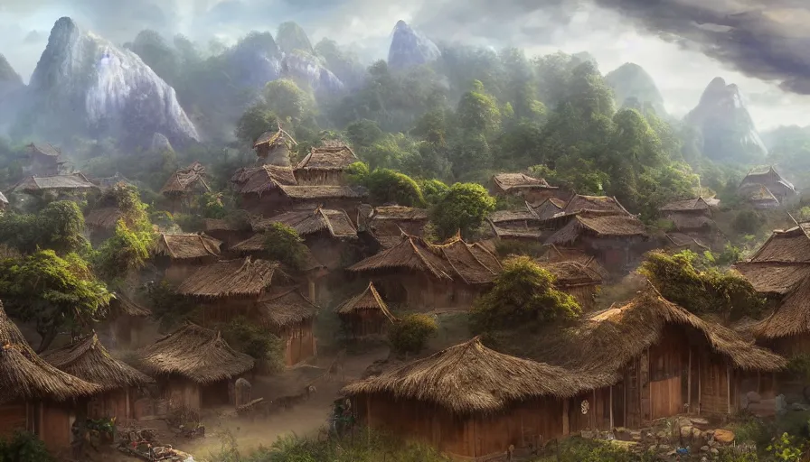 Prompt: matte painting of a beautiful tai lue village, digital art, trending on artstation