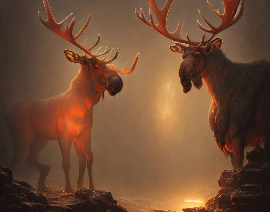 Image similar to a painting of a spectral moose, intricate, d & d, fantasy, art nouveau, digital painting, trending on artstation, sharp focus, illustration, global illumination, ray tracing, art by artgerm and greg rutkowski and ruan jia