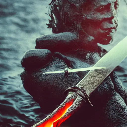 Prompt: close up of a portrait of a hand gripping a sword coming out of lava like the lady of the lake, ultra realistic, 4 k