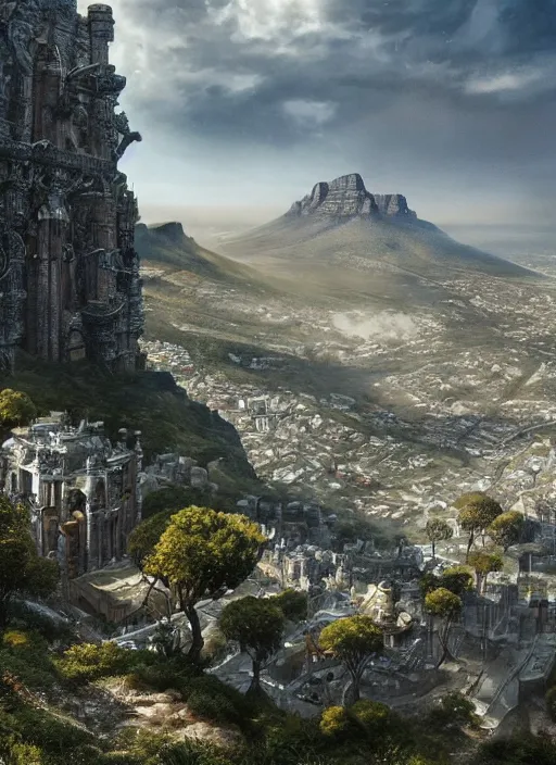 Image similar to chtulu attacking cape town city, table mountain, dense foliage beautiful details, strong composition by kim jung giu weta studio rutkowski, james gurney and greg rutkowski, and lucasfilm