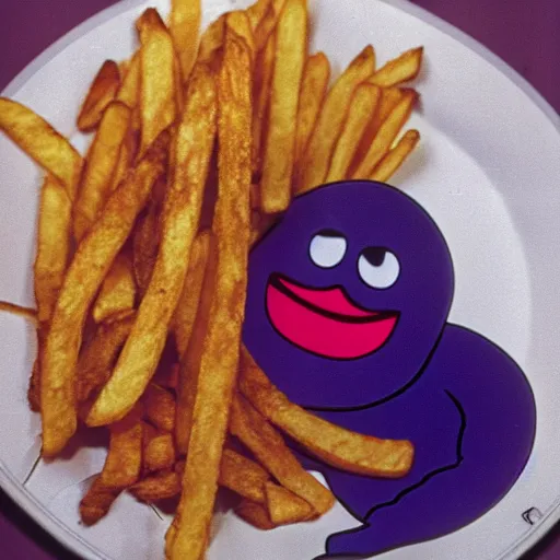 Image similar to real color photograph of grimace violently eating French fries