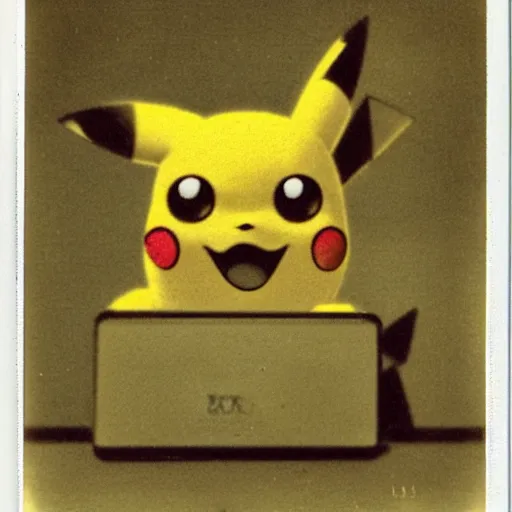 Prompt: old polaroid depicting pikachu from the 1 9 th century working at a modern day laptop