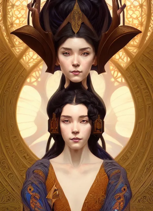 Image similar to symmetry!! portrait of a female sorcerer, dar fantasy, intricate, elegant, highly detailed, my rendition, digital painting, artstation, concept art, smooth, sharp focus, illustration, art by artgerm and greg rutkowski and alphonse mucha and huang guangjian and gil elvgren and sachin teng