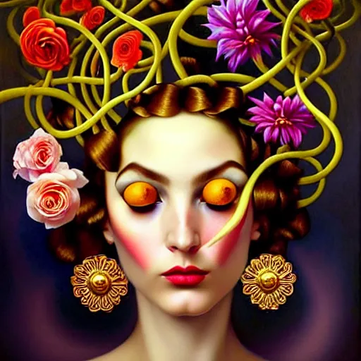 Image similar to dynamic composition, a painting of woman with hair of ( summer flowers )!! and vines wearing ornate earrings, ornate gilded details, a surrealist painting by tom bagshaw and jacek yerga and tamara de lempicka and jesse king, featured on cgsociety, pop surrealism, surrealist, dramatic lighting, wiccan, pre - raphaelite