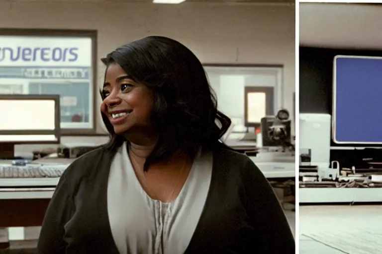 Image similar to cinematic screenshot of octavia spencer in a used electronics store standing in front of an old keyboard, iconic scene from the paranoid sci fi thriller film directed by pt anderson, apartment set in the near future, cinematic shot with anamorphic lenses, color theory, apartment design, leading lines, photorealistic, volumetric lighting, 2 0 2 2 4 k film