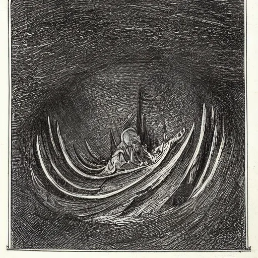 Prompt: Concept art etching of a swirling vortex in a tunnel dark mineshaft by Gustav Doré in Dante's Inferno esophagus -C 12