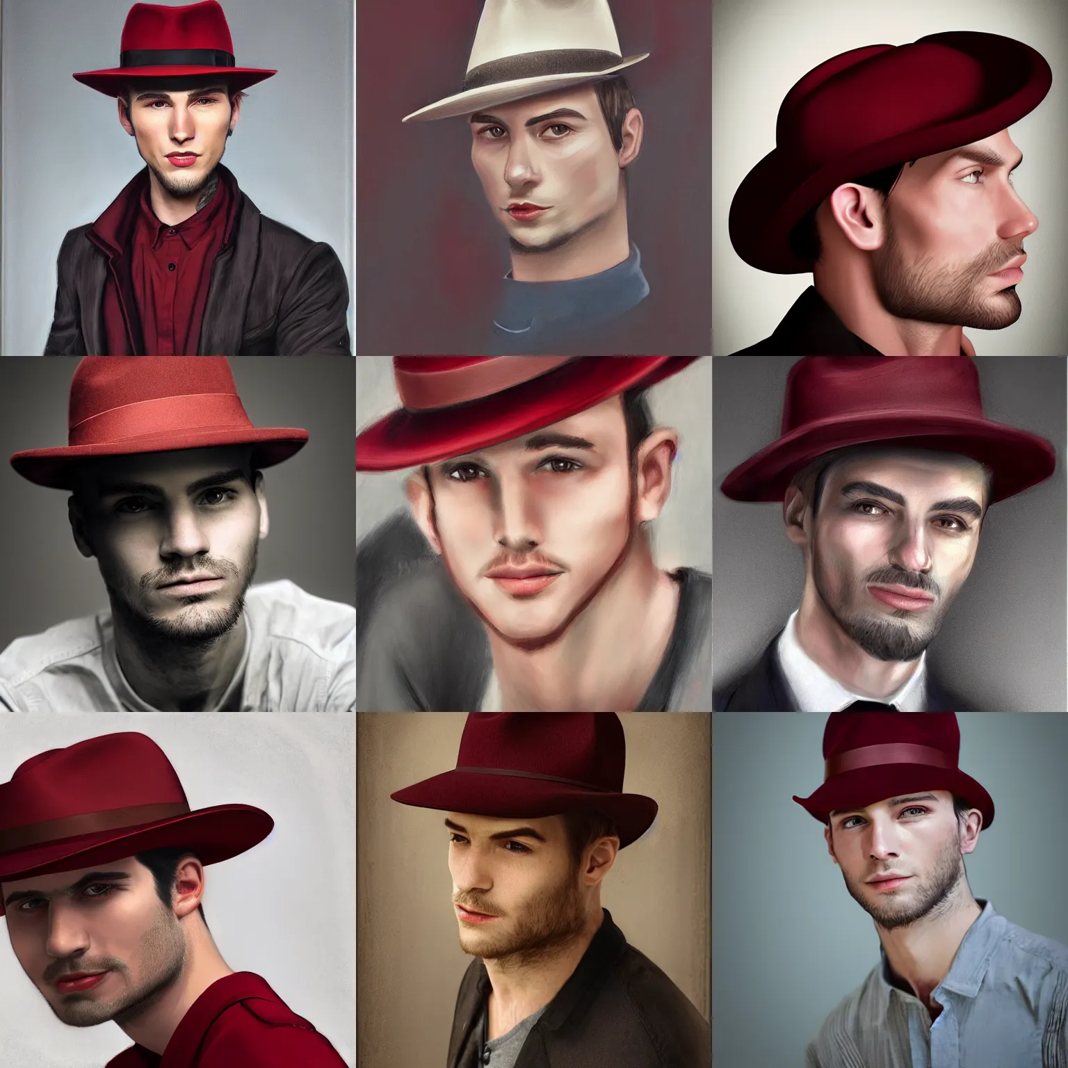 Prompt: hyperrealistic portrait young man ethan hawk strong jawline dark red fedora hat smirk