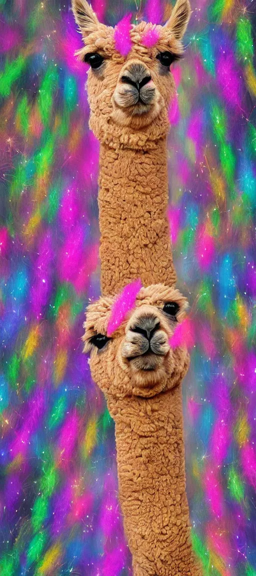 Image similar to digital artwork of an alpaca in the forest of pastel feathers lit by small fireflies at night