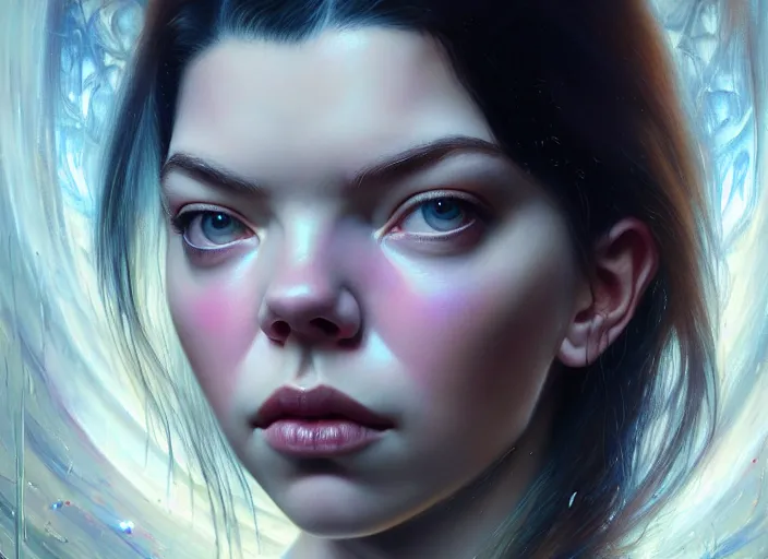 Image similar to portrait shot of anya taylor - joy in ghost in the shell, intricate, elegant, highly detailed, centered, digital painting, artstation, concept art, smooth, sharp focus, illustration, artgerm, tomasz alen kopera, peter mohrbacher, donato giancola, joseph christian leyendecker, wlop, boris vallejo biomechanical