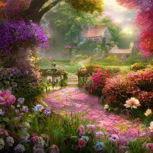 Prompt: beautiful fantasy english mansion flower garden, saturated, detailed lighting, high quality, sharp focus, intricate, digital painting, artstation, 4k