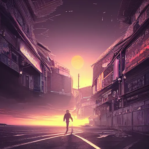 Image similar to lone wanderer in a highly detailed cinematic tokyo suburb, psychedelic, amazing, by feng zhu, wayne barlowe, perfect geometry, hdr, 4 k, hyper - detailed, sharp, beautiful, desaturated, beautiful lighting, oil on canvas, sunset, cinematic composition, trending on artstation, gnomon