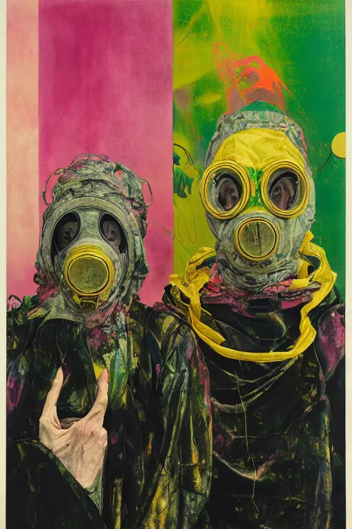 Prompt: two skinny old people wearing gas masks draped in gold, green and pink, inside a brutalist designed space ship , gothic, rich deep colours, painted by Francis bacon, Adrian ghenie, James jean and Petra cortright, part by (((Gerhard Richter))), part by Takato Yamamoto. 8k masterpiece