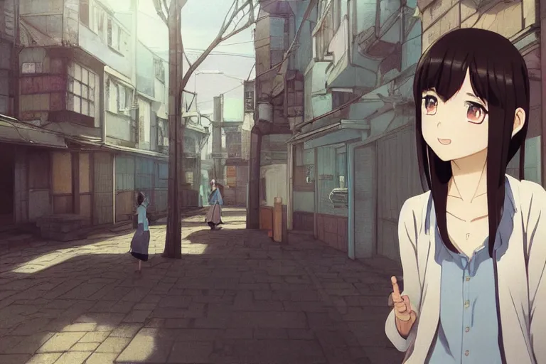 Image similar to anime film still portrait of a young girl wearing cardigan in rual street, cute face by ilya kuvshinov yoshinari yoh makoto shinkai katsura masakazu kyoani, dynamic perspective pose super detailed facial features eyebrowless symmetry, gapmoe yandere grimdark, crisp and sharp cel shade ambient light