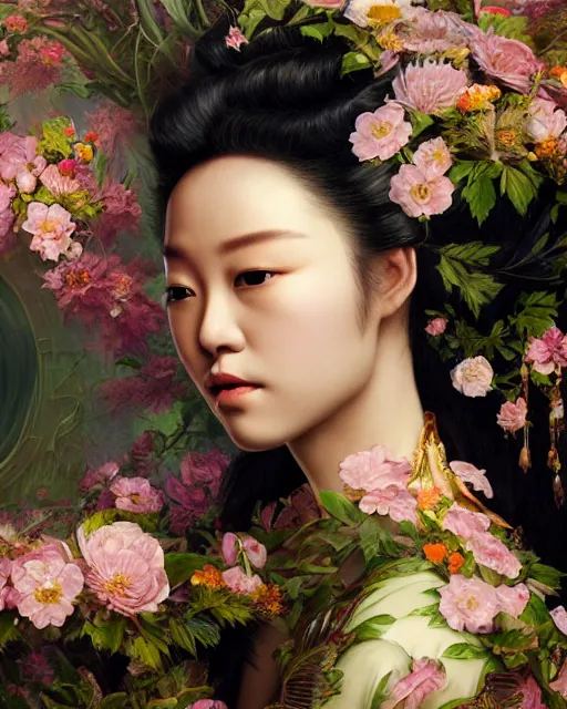 Image similar to portrait of the chinese queen of the underworld, surrounded by flowers by karol bak, james jean, tom bagshaw, rococo, sharp focus, trending on artstation, cinematic lighting, hyper realism, octane render, 8 k, hyper detailed.