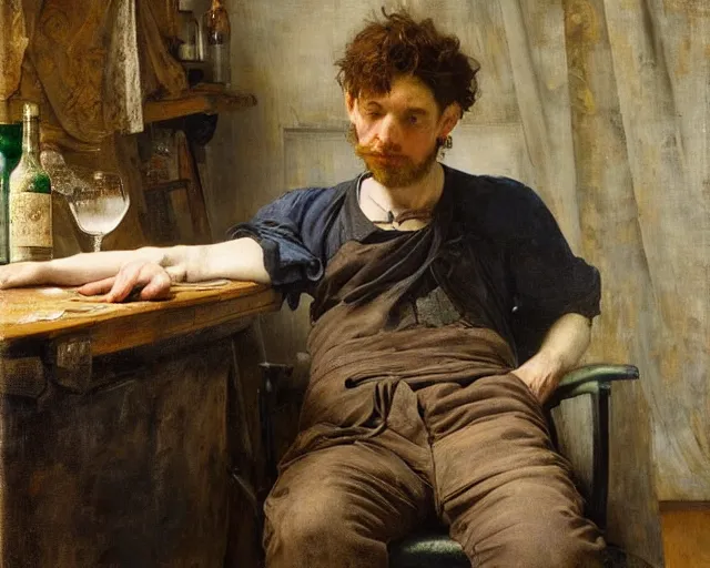 Image similar to an exhausted painter in his studio with a whiskey bottle by edgar maxence and caravaggio, intricate painting, hyper realistic, extremely detailed and beautiful aesthetic face, 8 k resolution