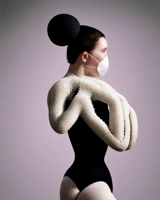 Image similar to portrait of a woman wearing a white embroidered translucent silicone mask and white lilac frizzy hair buns, wearing a black bodysuit by alexander mcqueen, cream white background, soft diffused light, biotechnology, humanoide robot, bjork aesthetic, translucent, by rineke dijkstra, intricate details, highly detailed, masterpiece,