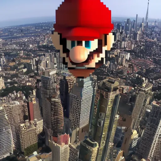 Image similar to Gargantuan Mario towering over a city