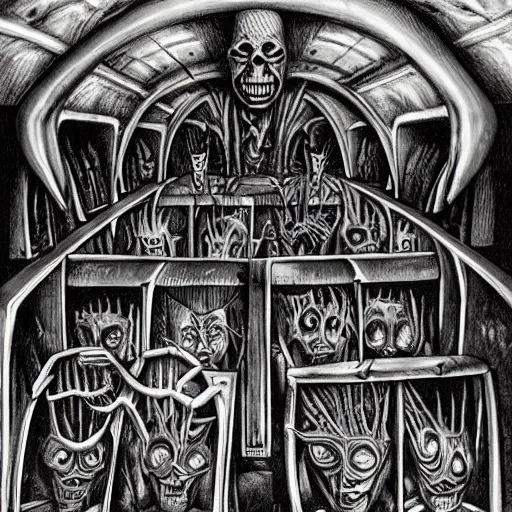 Prompt: an evil and grotesque school bus full of tortured souls. h. r. giger, h. p lovecraft, surrealism, highly detailed