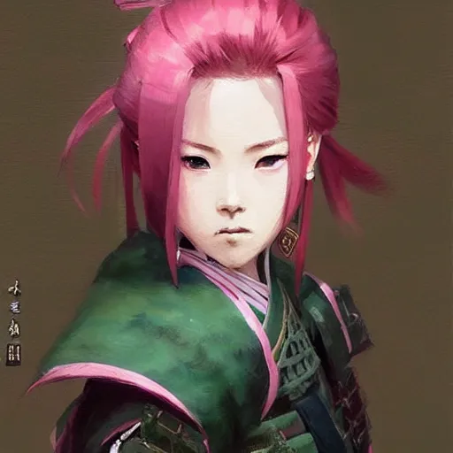 Prompt: painting by krenz cushart!!, full body of a samurai woman with pink hair and green eyes, stern look, finely detailed features, intricate brush strokes, beautiful lighting, trending on pixiv fanbox.