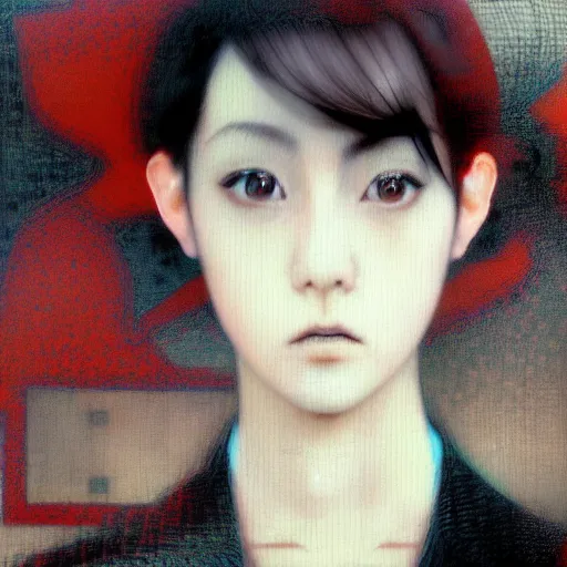 Image similar to yoshitaka amano blurred and dreamy realistic three quarter angle portrait of a young woman with short hair and black eyes wearing office suit with tie, junji ito abstract patterns in the background, satoshi kon anime, noisy film grain effect, highly detailed, renaissance oil painting, weird portrait angle, blurred lost edges