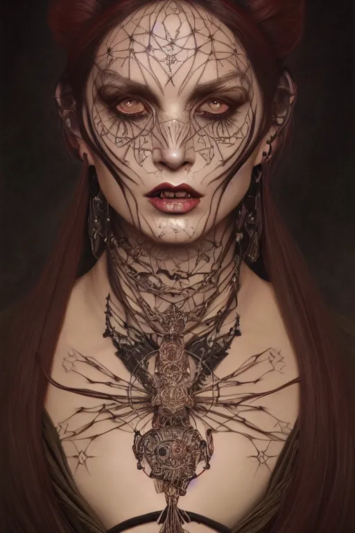 Image similar to portrait of a satanic witch, tattooed face, upper body, decorated, intricate, elegant, highly detailed, digital painting, artstation, concept art, smooth, sharp focus, illustration, art by artgerm and greg rutkowski and alphonse mucha, 8 k