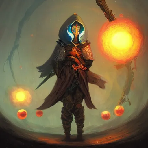 Image similar to a hooded warrior with sword surrounded by glowing spheres by peter mohrbacher