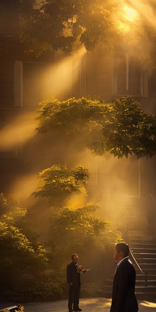 Prompt: business man smoking cigar sitting on the front stoop mist smoke, rays of light, golden hour, low angle,, beautiful by marc adamus and katayama bokuyo