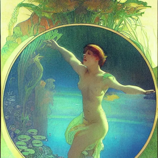 Prompt: Young girl dancing at the bottom of the sea,Perfecting the contours of the face,full-body,Realistic style,smog,Corals, aquatic plants, tropical fish,by Alfons Maria Mucha style