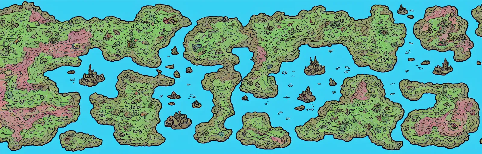 Image similar to a rpg map divided into colored regions surrounded by ocean, flat colors and strokes