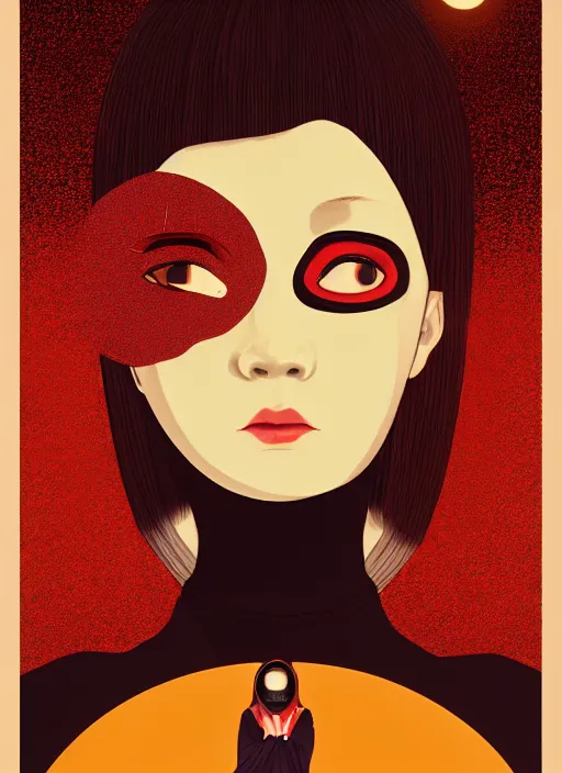 Image similar to portrait of a woman with a mask on his face in the form of a spiral in a golden kimono, full face, against the background of a bright red moon, sad motif, by ilya kuvshinov, dramatic, soft colors, futuristic, 8 k