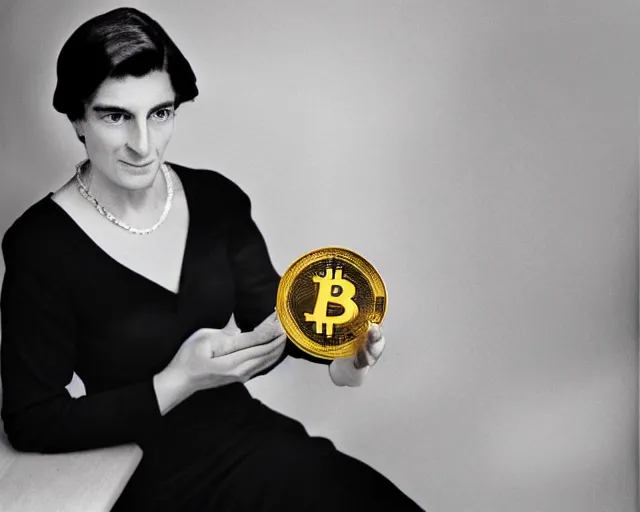 Image similar to ayn rand holding a golden bitcoin, commercial stock photo by annie liebovitz, j. c. leyendecker