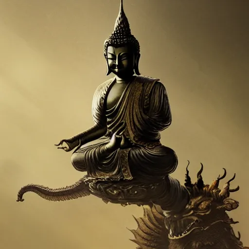 Image similar to a small Buddha statue fighting a dragon, dramatic lighting, illustration by Greg rutkowski, yoji shinkawa, 4k, digital art, concept art, trending on artstation