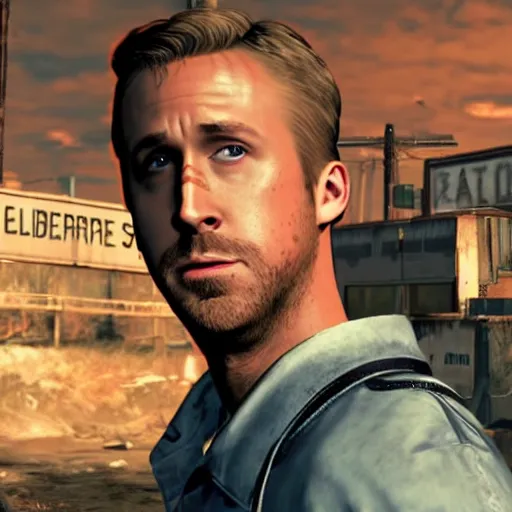 Image similar to ryan gosling in fallout 4 is wearing a raider costume