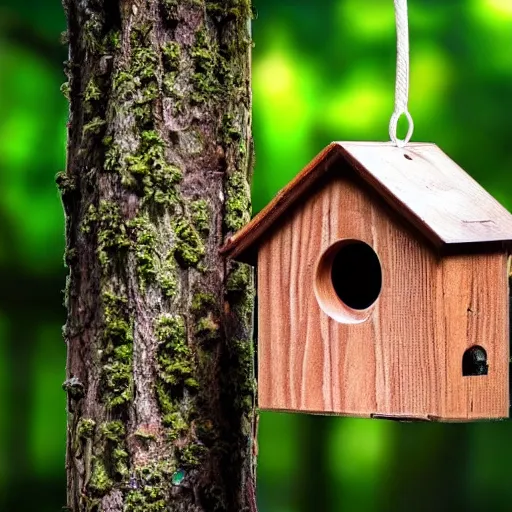 Image similar to wooden birdhouse in a tree in the rain forest, mushrooms and leaves on the birdhouse, backlit, realistic, beautiful lighting