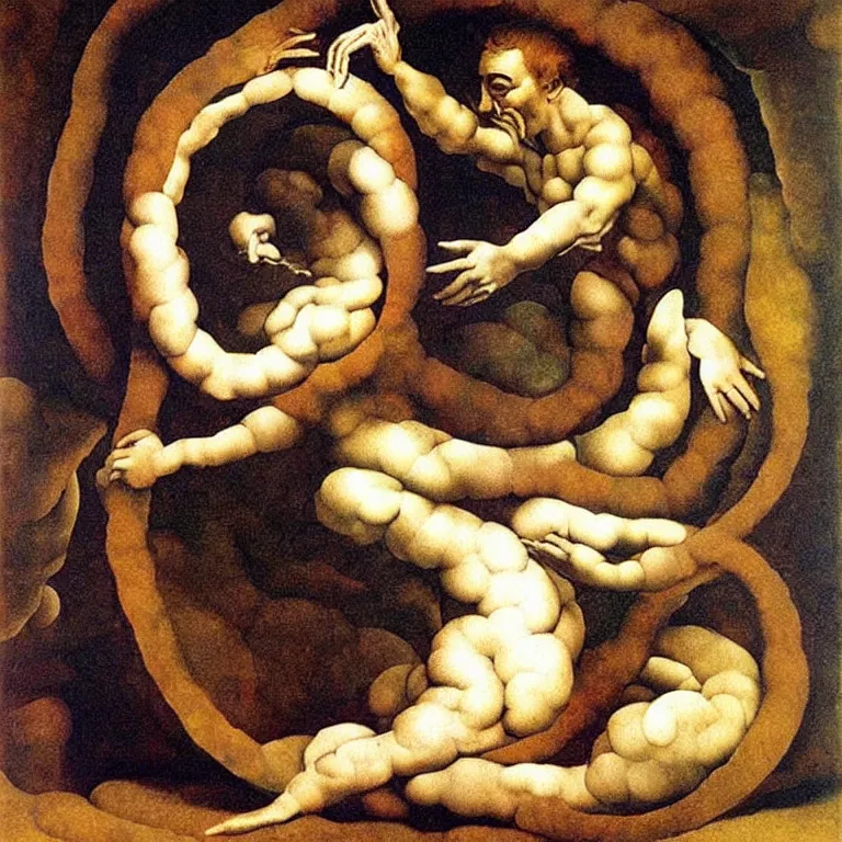 Image similar to optical illusion painting of a couple dancing in a worm hole, illusionism, mind blow, by michelangelo and salvador dali, detailed