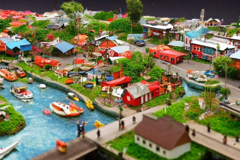 Image similar to miniature town made of sushi, tilt shift photography, diorama picture, 5 5 mm, trending on art station