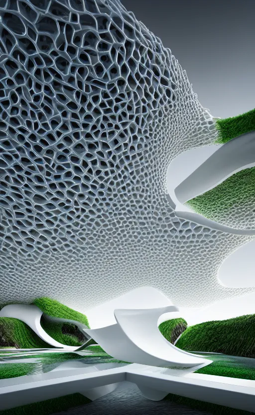 Image similar to villa parametric rhizomorph architecture fluid design, vincent callebaut well - defined style, ultra detailed, monochromatic, natural lighting, volumetric lighting, generative art nebula, cinematic, photo realistic, hyper real, surreal design, flow everywhere, walls made of crystal clear water, droplets on the walls, black metal, magnesium, 8 k,