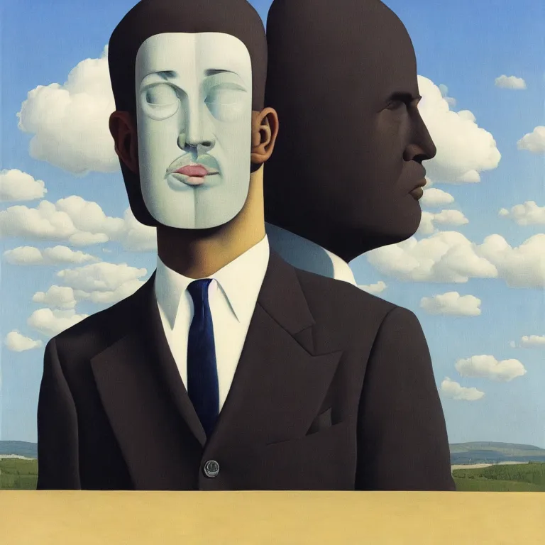 Prompt: portrait of a faceless chrome - head man in a suit, clouds in the background, by rene magritte, detailed painting, distance, centered, hd, hq, high resolution, high detail, 4 k, 8 k