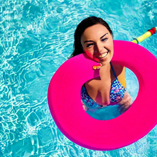 Image similar to a woman swimming surrounded by 1 0 pool noodles pointing away from her