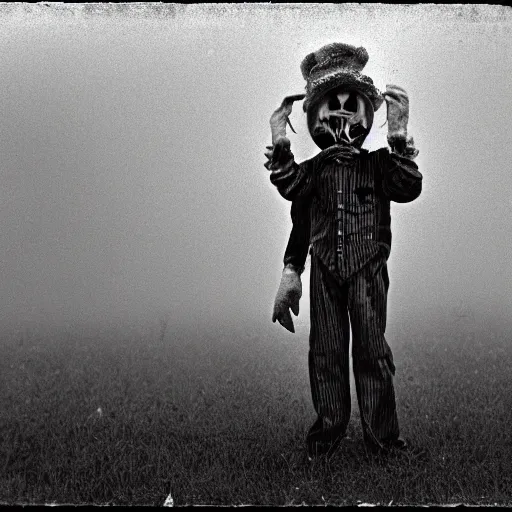 Prompt: A screaming creepy clown standing in a foggy field. Vintage Associated Press photo.