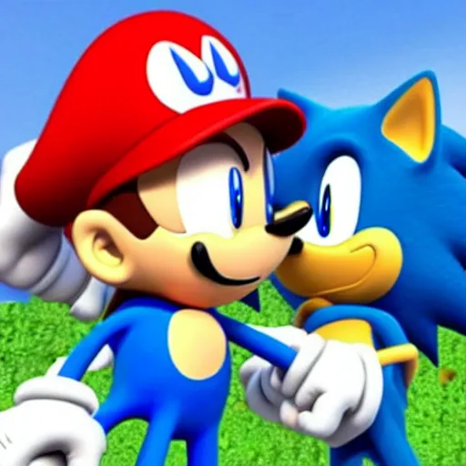 Prompt: sonic and mario kissing