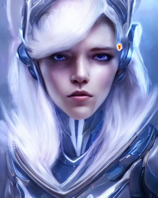 Image similar to beautiful android girl on a mothership, warframe armor, pretty face, scifi, futuristic, galaxy, raytracing, dreamy, perfect, digital painting, long white hair, blue cyborg eyes, sharp focus, intricate, highly detailed, artstation, intricate, innocent, art by gauthier leblanc, kazuya takahashi, huifeng huang