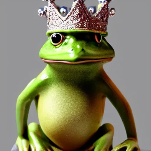 Prompt: anthropomorphic frog wearing crown, photo, 5 5 mm