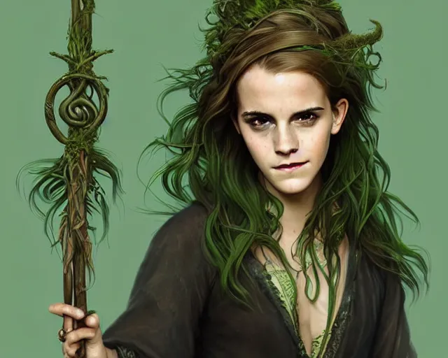 Image similar to portrait of emma watson as a swamp witch, green colored skin, green hair, holding a caduceus staff, messy hair, deep focus, d & d, fantasy, intricate, elegant, highly detailed, digital painting, artstation, concept art, matte, sharp, illustration, hearthstone, art by artgerm and greg rutkowski and alphonse mucha