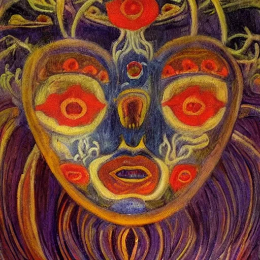 Image similar to masterpiece painting of a facemask made of flowers, by annie swynnerton and jean delville and tino rodriguez and diego rivera and adolf wolfli, flower mask, flower shaman, spooky dark psychedelic, art brut, symbolist, dramatic lighting, god rays, elaborate geometric ornament, clean crisp graphics, soft cool colors, smooth sharp focus, extremely detailed